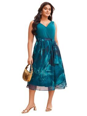 BloomChic Blue Aegean Floral Print Belted Midi Tank Dress Pockets size 10 NWT